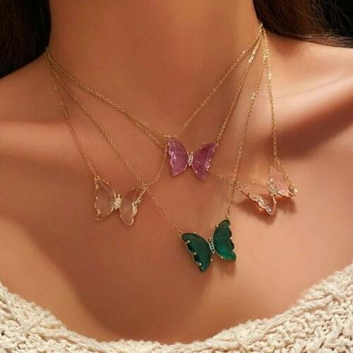 Bohemia Crystal Transparent Shiny Butterfly Pendant Chain Necklace Choker Clavicle Collier Jewelry Women Gift