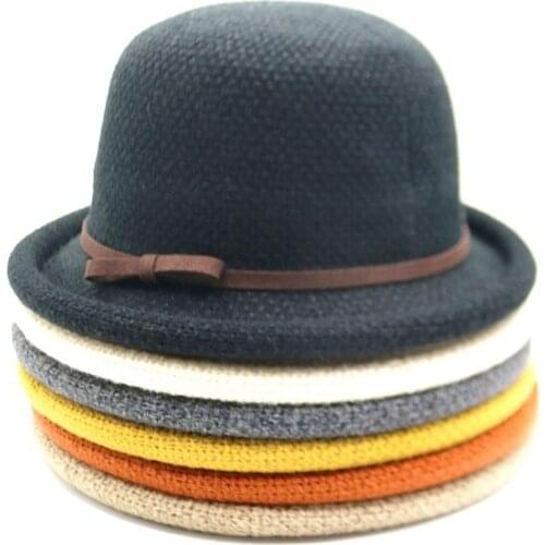 British Small Brim Top Hat Female Hepburn Style Autumn And Winter Wool Blended Fashion Bow Hat Retro Wild Basin Hat