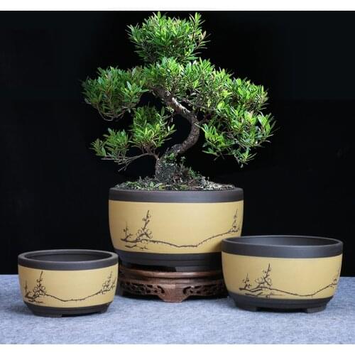 Purple Mud Bonsai Flowerpot Classical Ceramic Basin Round Green Plant Balcony Drum Shaped Chinese Style Breathable Pot