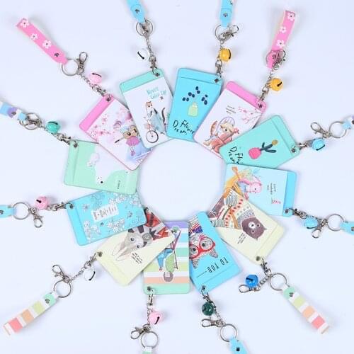 Fashion Women PU Leather Card Holders Business Card Case Student Portable Cartoon Badge ID Card Holder Cards Pass Cover Lanyard