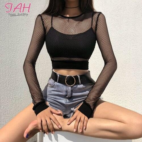 IAMHOTTY Fishnet Long Sleeve Sexy T-shirt Ladies Black Mesh Crop Tops Tees Women Hollow Long Sleeve Tshirt Harajuku Streetwear