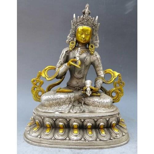 China silver gild handwork carved fine Measureless life Buddha sculpture Statue