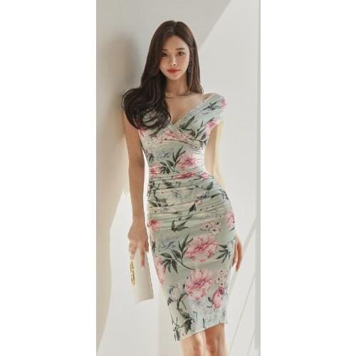 Korean Style Women Fashion Floral Sexy V-Neck Sleeveless Knee-Length Dress Elegant Ladies Slim Bodycon Party Dress 2021 Summer