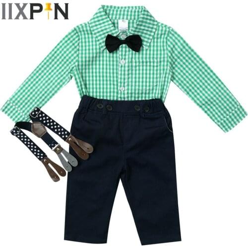 Infant Baby Boys Outfit Costume Long Sleeve Plaid Cotton Shirt Top Bow Tie Sewed with Suspender Straps Elastic Waistband Pants