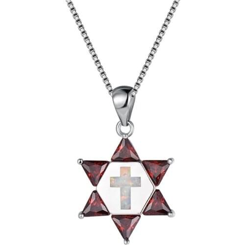 Red Purple Triangle Zircon Pendant White Blue Opal Cross Necklaces For Women Vintage Punk Hexagon Jewelry Silver Color Necklace