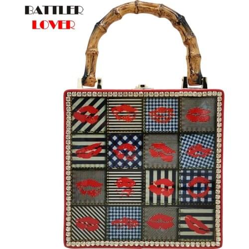 Fashion Cartoon Printing Box Women Handbag Lock Flap Purse Bamboo Handle Pochette Original Designer Damond Lady Shoulder Bags