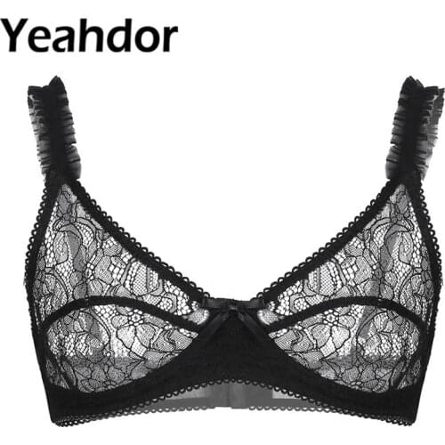 Gay Mens Sissy See Through Sheer Floral Lace Lingerie Spaghetti Straps Wire-free No Padded Soft Bralette Homme Bras Crop Tops