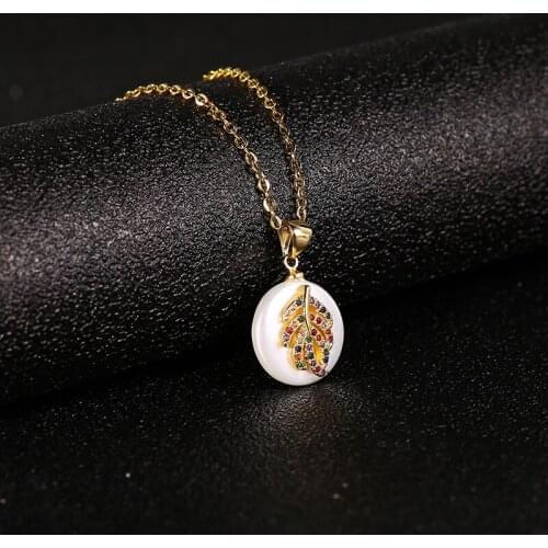 Trendy Gold Stainless Steel Shell Colored Zircon Leaf Pendant Necklace For Women Charm Girl Necklace jewelry