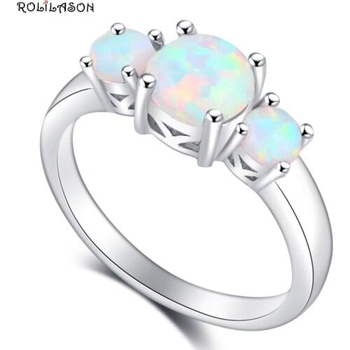 ROLILASON Stylish Round Design White Fire Opal 925 Silver Rings USA Size #5#6#7#8#9#10 Fashion Jewelry for Women OR855