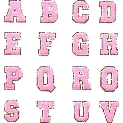 Pulaqi Pink Towel Embroidered Letters Sewing On Patch Diy Name Badge Alphabet Sequins Patches For Kid Clothing Bags Accessories