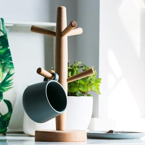 Removable Wooden Coffee Cup Holder Countertop Pantry Stands Mug Shelves Hanger With 6 Storage Hooks Jewelry Display Stand