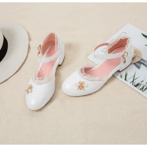 YQBTDL Cute Sweet Lace Student Mary Jane Shoes Buckle Chunky Heels White Pink Party Ladies Pumps Shoes Large Size 34-43 Summer