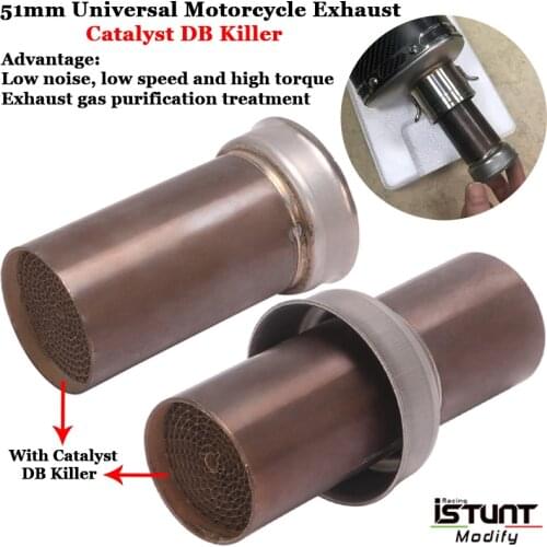 51mm Universal Motorcycle Exhaust Catalyst DB Killer Reduce Noise High Torque At Low Speed Exhaust Gas Purification Treatment