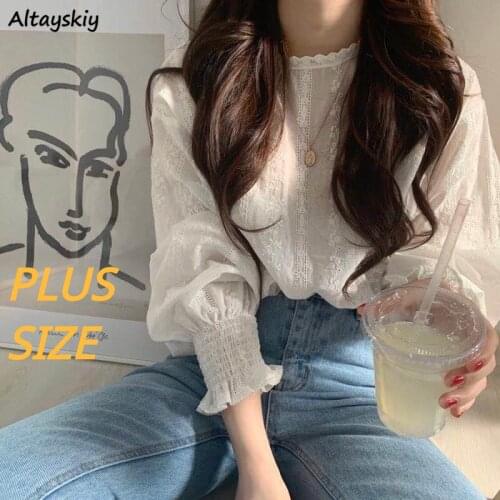 Floral Shirts Women Ruffles Korean Style Chic 3XL Plus Size Elegant Tender Fashion Spring Autumn Female Top Leisure OL Blouse