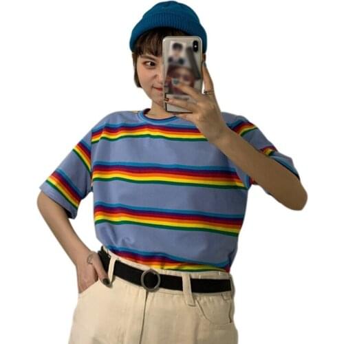 T Shirt Women Rainbow Striped Tops Harajuku Summer Short Sleeve Fashion O Neck Korean Punk Tee Shirt Femme