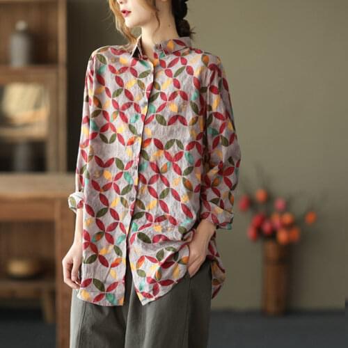 2021 Autumn New Coat Womens Vintage Print Shirt Vintage Casual Loose Long Sleeve Shirt Womens Cardigan Turn-down Collar Top