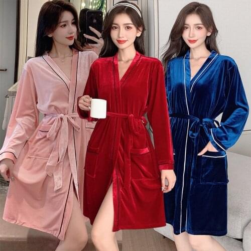 2021 Autumn Winter Gold Velvet Sexy Kimono Robes for Women Long Sleeve Bathrobe Sleepwear Nightdress Homewear Night Dress Nighty