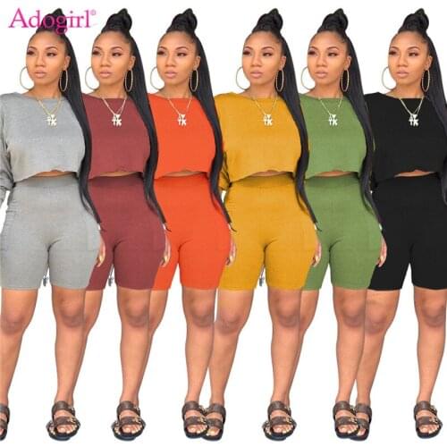 Adogirl Women Solid Two Piece Set Tracksuit O Neck Long Sleeve T Shirt Crop Top Pockets Shorts Fashion Sporty Suit Outfits
