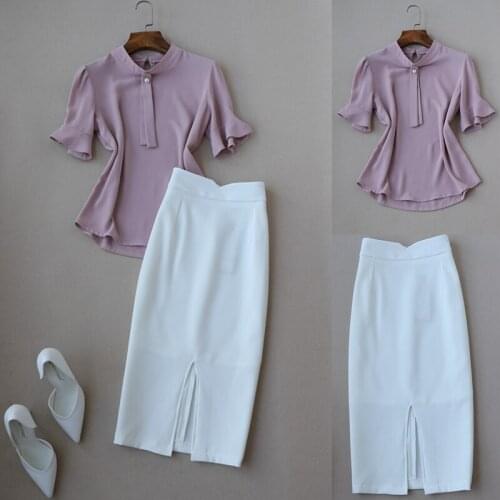 Spring Summer Elegant Office Ladies Half Sleeve Chiffon Shirt Top and High Waist Slit Suit Skirt One Set