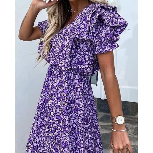 Womens Floral Print Dress Layered Ruffles Sleeve V-neck Dress Casual Style Lace-up Clothes