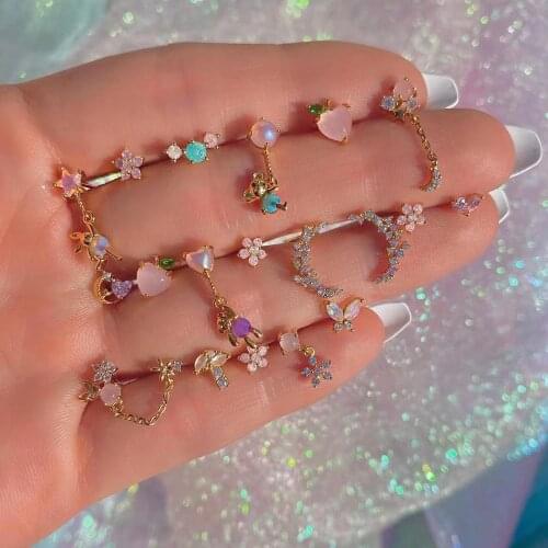 1Pair 18K Gold Plated Ins Cute Cartilage Earrings for Women Girls Sweet Cartoon Bear Flower Drop Earrings Boby Piercing Jewelry