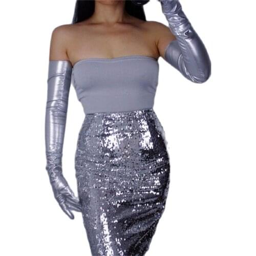 70cm Extra Long Silver Gloves Long Style Emulation Leather Sheepskin Patent Leather PU Metal Bright Silver Grey Female WPU63-70