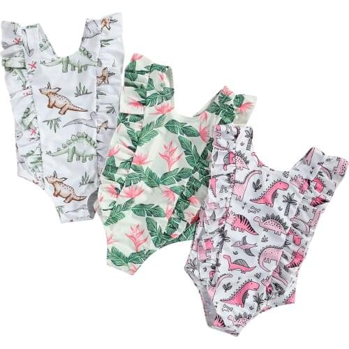 Kids Girls One-Piece Swimsuit, Cute Cartoon Dinosaur Print Sleeveless Ruffle Bathing Suit 6M-5T