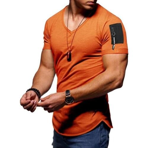 NEW summer fashion brand slim short-sleeved t shirt men arm zipper fitness V-neck mens t-shirt cotton casual top tee size 3xL