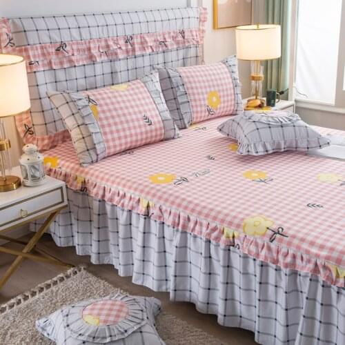 Korean style grid 1pc Bed Skirt + 2pcs Pillowcase Bedding Set Sanding Soft Bedspread King Queen Size Double Layer Bed Skirt