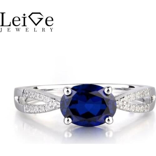 LeiGe Jewelry Lab Sapphire Blue Color Gemstone Oval Shape Prong Setting Engagement Ethnic Rings For Woman September Birthstone