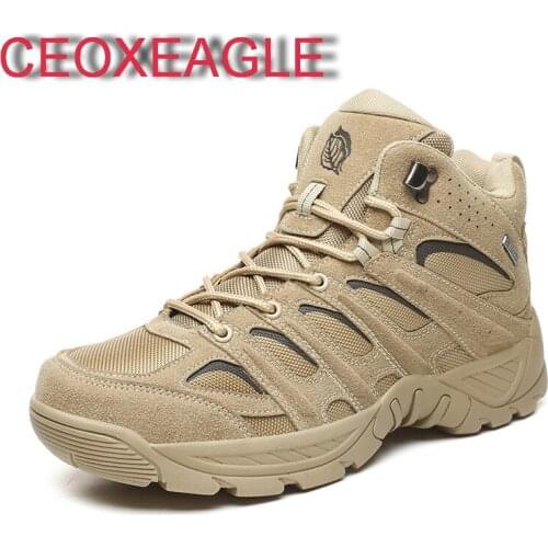 Men Hiking Shoes Men Comfy Trekking Boots Men Trail Camping Climbing Hunting Sneakers Mid-Top Split Leather Outdoor Sneaker