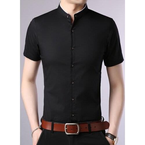 2019 Fashion Brand Designer Shirt Mens Summer Solid Color Short Sleeve Slim Fit Streetwear Mandarin Collar Casual Mens Clothing