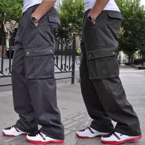 Mens Work Loose Wide-Leg Trousers Cargos Plus Size XL-6XL Casual Pants Leisure Cotton High Waist A3