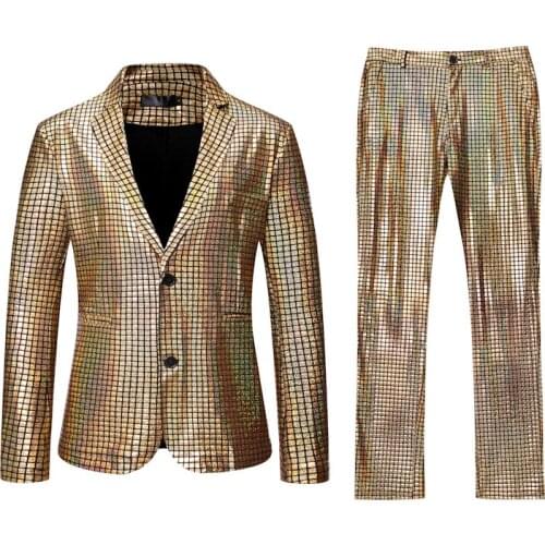 Gold Plaid Sequin Glitter Suit Men Wedding Groom Tuxedo Suits Mens Notched Lapel Prom Stage Costume Mens Suits with Pants Ternos