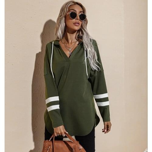 Autumn Women Hoodies Long Sleeve V-neck Hooded Sweatshirts Female Casual Loose Striped Pullover Split Irregular Long Tops