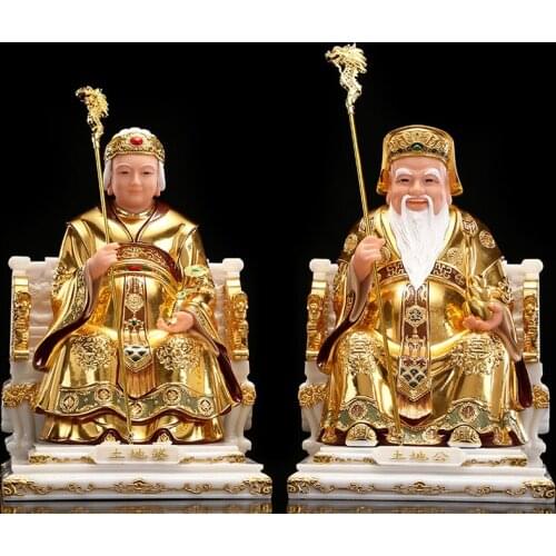 A pair 2p Asia Temple Worship HOME efficacious bring wealth luck " TUDI GONG PO God FU DE ZHENGSHEN " jade buddha gilding statue
