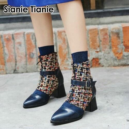 Sianie Tianie 2020 new wholesale houndstooth plaid checker woman winter boots fashion warm riding martin ankle boots size 32-48