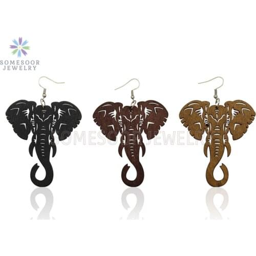 SOMESOOR Laser Cutting Elephant Wooden Drop Earrings African Ethnic Animal Design Engraved Wood Loops Jewelry For Women Gifts