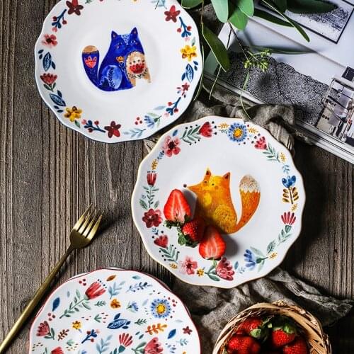 Cute Animal Dinner Cake Dessert Plate Ceramic Pasta Steak Fruit Dishes Hand-Painted Fox Flower Dinnerware Microwave Tableware