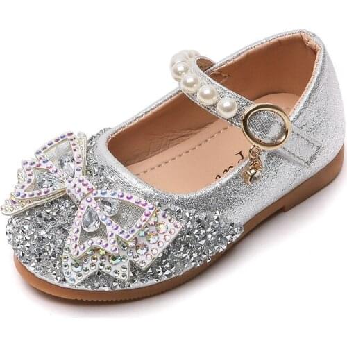 Girls Princess Shoes Kids Leather Shoes Butterfly-knot 2021 Autumn Student Fashion Performance Shoes Sequined Sweet Pearl 21-35