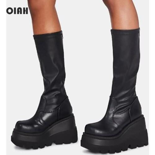 OIAH Design Women Motorcycle Boots Thick Sole Round Toe Back Zipper High Quality Genuine Leather Handmade Footwear Lady Shoes