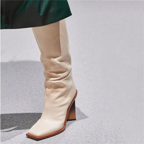 Designer Heel Square Toe Over The Knee Women Boots Slip On Runway Fashion Autumn Boots High Block Heel Solid Long Boots