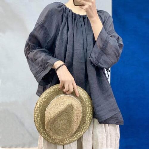 Johnature 2021 Autumn Vintage Women Linen Solid Color Loose Shirts New All Match Three Quarter Sleeve Ruffles Female Blouses