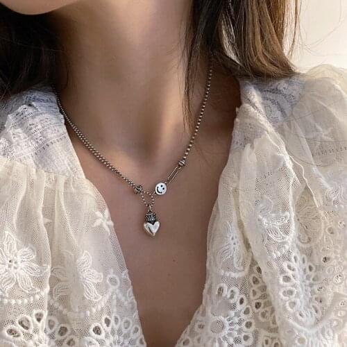 U-Magical French Love Heart Smile Face Asymmetric Pendant Necklace for Women Round Beads Chain Stainless Steel Necklace Jewelry