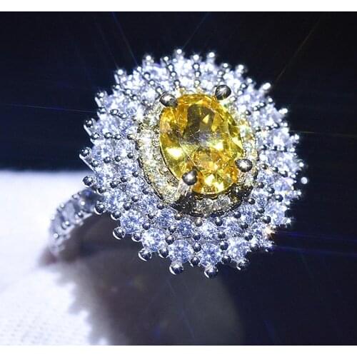 Luxury flower yellow crystal citrine gemstones zircon diamonds rings for women white gold silver color bague jewelry party gifts