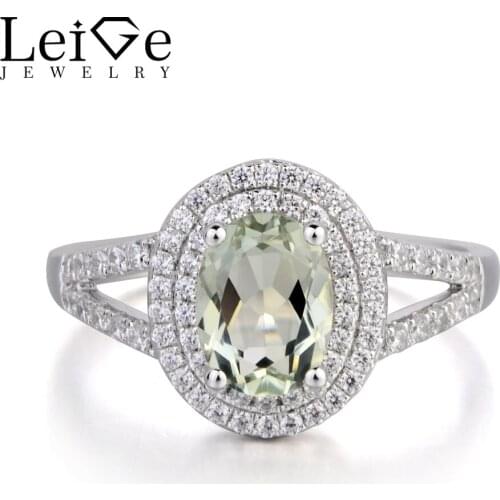 Leige Jewelry Engagement Ring Green Amethyst Ring Oval Cut Gemstone Solid 925 Sterling Silver February Birthstone Halo Ring Gift