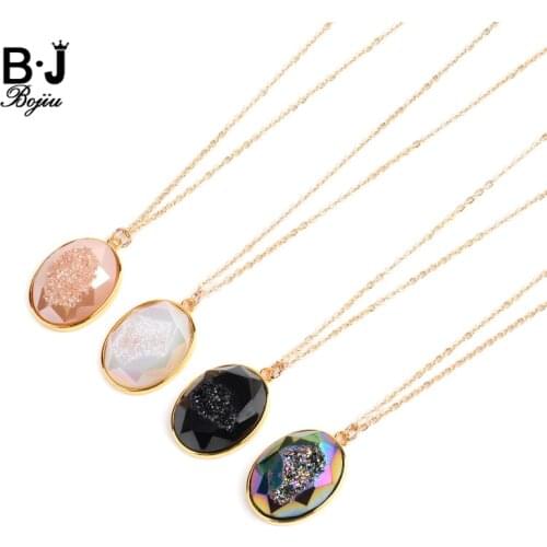 Boho Natural Stone Oval Druzy Pendant Necklaces Women Adjustable Gold Chain White Black Champagne Rainbow Drusy Necklace NKS235