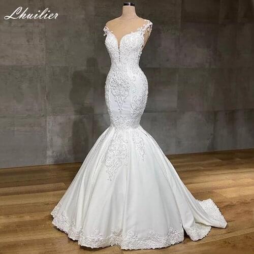 Lhuilier Luxury Womens Sleeveless Mermaid Wedding Dresses 2021 Crystal Beaded Floor Length Bridal Dress Sweep Train