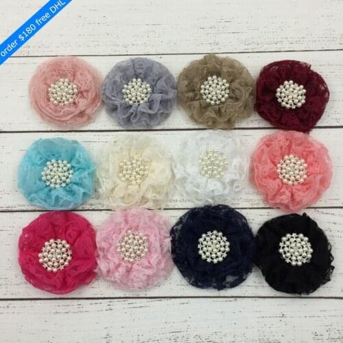 120pcs/lot 9cm 12colors Hair Clip Beaded Chiffon Flower+Pearl Rhinestone Button Shabby Lace Ruffled Fabric Flowers For Headbands