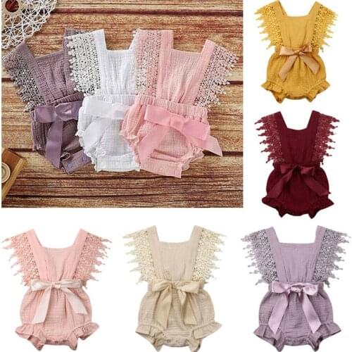2019 Cute Baby Girl Cotton Linen Romper Lace Tassels Sleeveless Playsuits Bowknot Backless Jumpsuits Baby Girl Clothes 0-24M